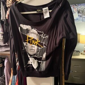 5/$30 PINK off shoulder Black and Yellow Graphic Tee